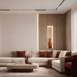 Contemporary Living Room Design with Sectional Sofa and Rust Velvet Accent Armchair