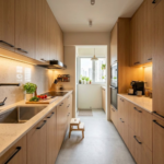 Modern Parallel Kitchen Design with Walnut Storage Cabinets and Corian Countertop
